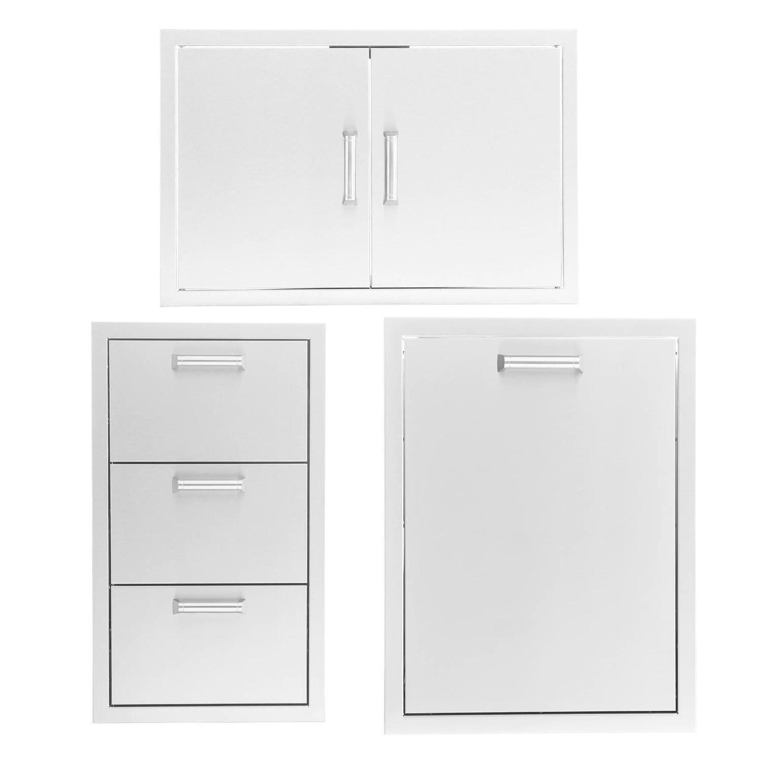 BBQGuys Signature 3 Pc 32-in Contempo/Traditional Double Access Door, Triple Drawer & Double Trash Bin Outdoor Kitchen Storage Package - Included Handles - White Background thumbnail
