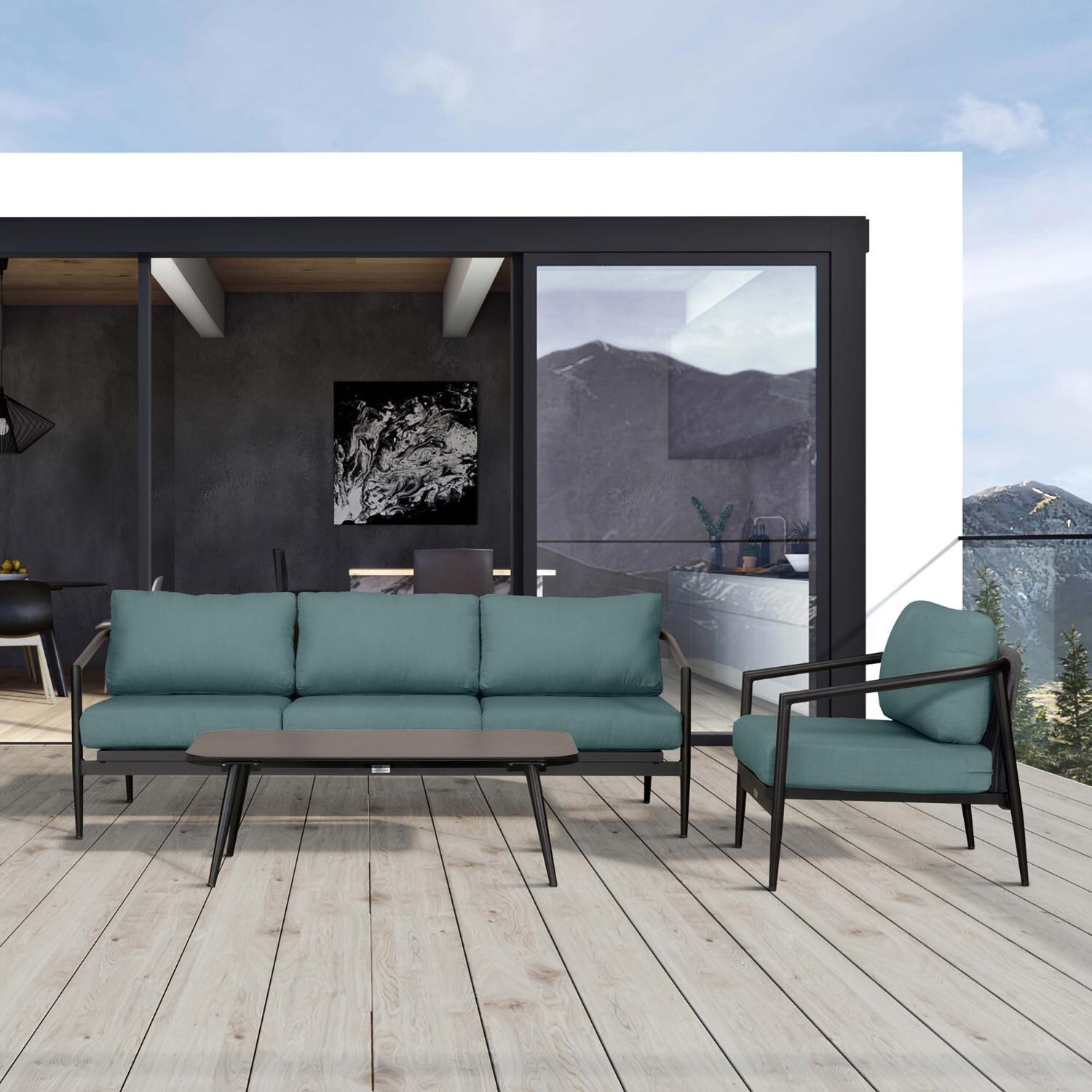 Midnight Cove 3 Pc Aluminum Seating Set in Black/Cast Lagoon by Lakeview Outdoor Designs