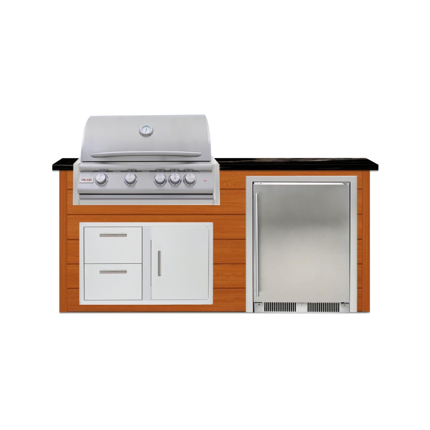 BBQGuys Signature 6 Ft Grill Island w/ 32 Inch Propane Blaze Premium LTE+ Grill, Refrigerator & Door & Drawer | Chai Cedar w/ Nero Mist Granite - Front - White Background thumbnail