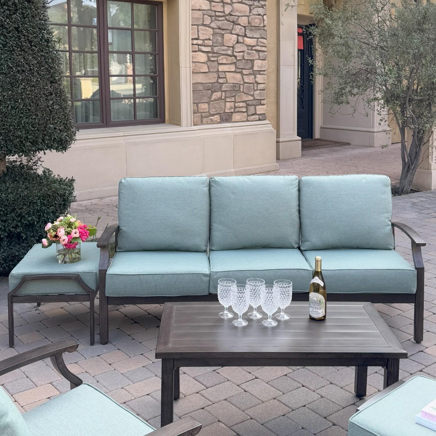 Atlantis 6 Pc Aluminum Seating Set w/ Sofa, 2 Swivel Rocker Club Chairs & 2 Ottomans in Walnut/Spa by Darlee - Sofa & Table - Lifestyle thumbnail