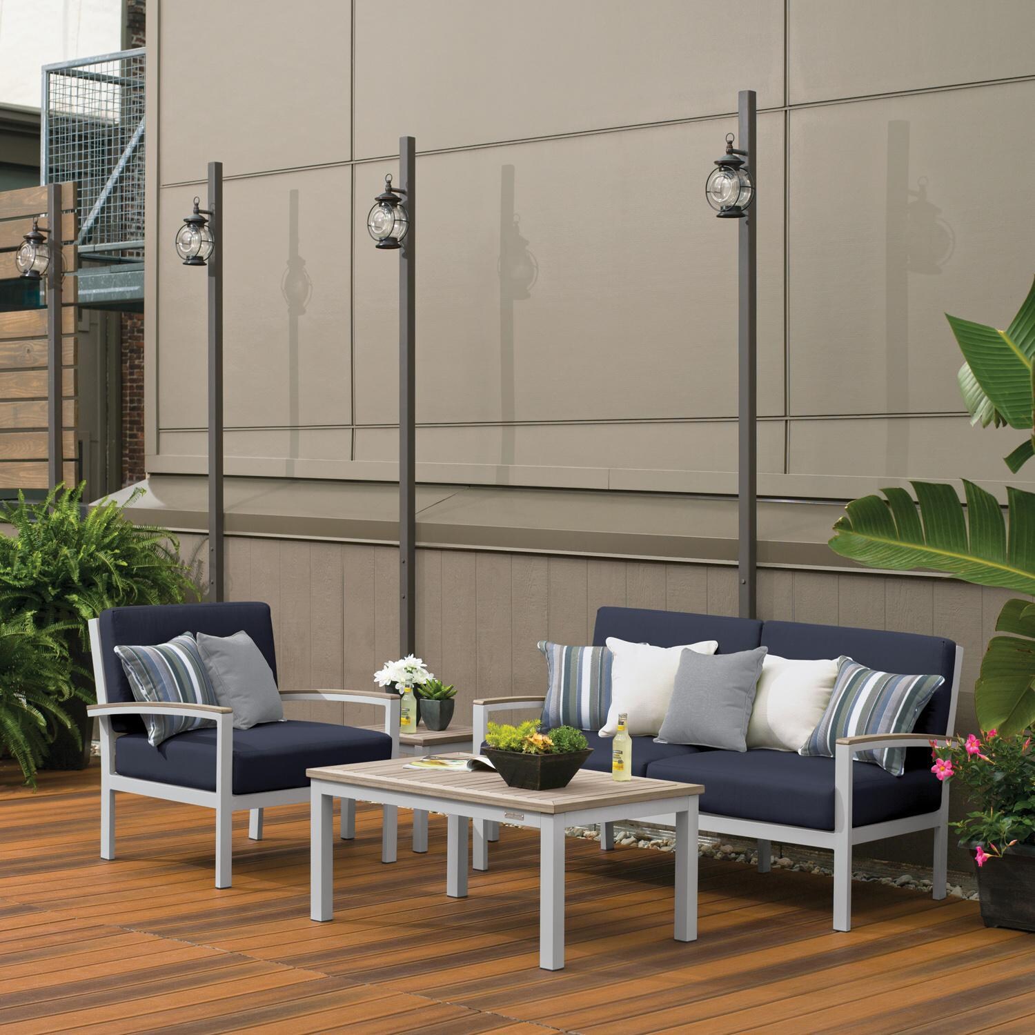 Oxford Garden Travira 2 Person Aluminum Loveseat W/ Vintage Tekwood Arm Caps in Flint/Midnight Blue - Boardwalk thumbnail