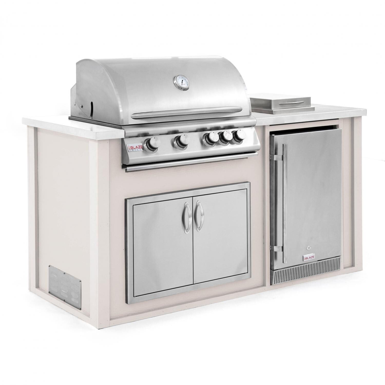 BBQGuys.com 6 Ft BBQ Island With Blaze 32-Inch Natural Gas Grill, Double Access Door, Outdoor-Rated Compact Refrigerator & Side Burner - Greige/White - Angled View thumbnail