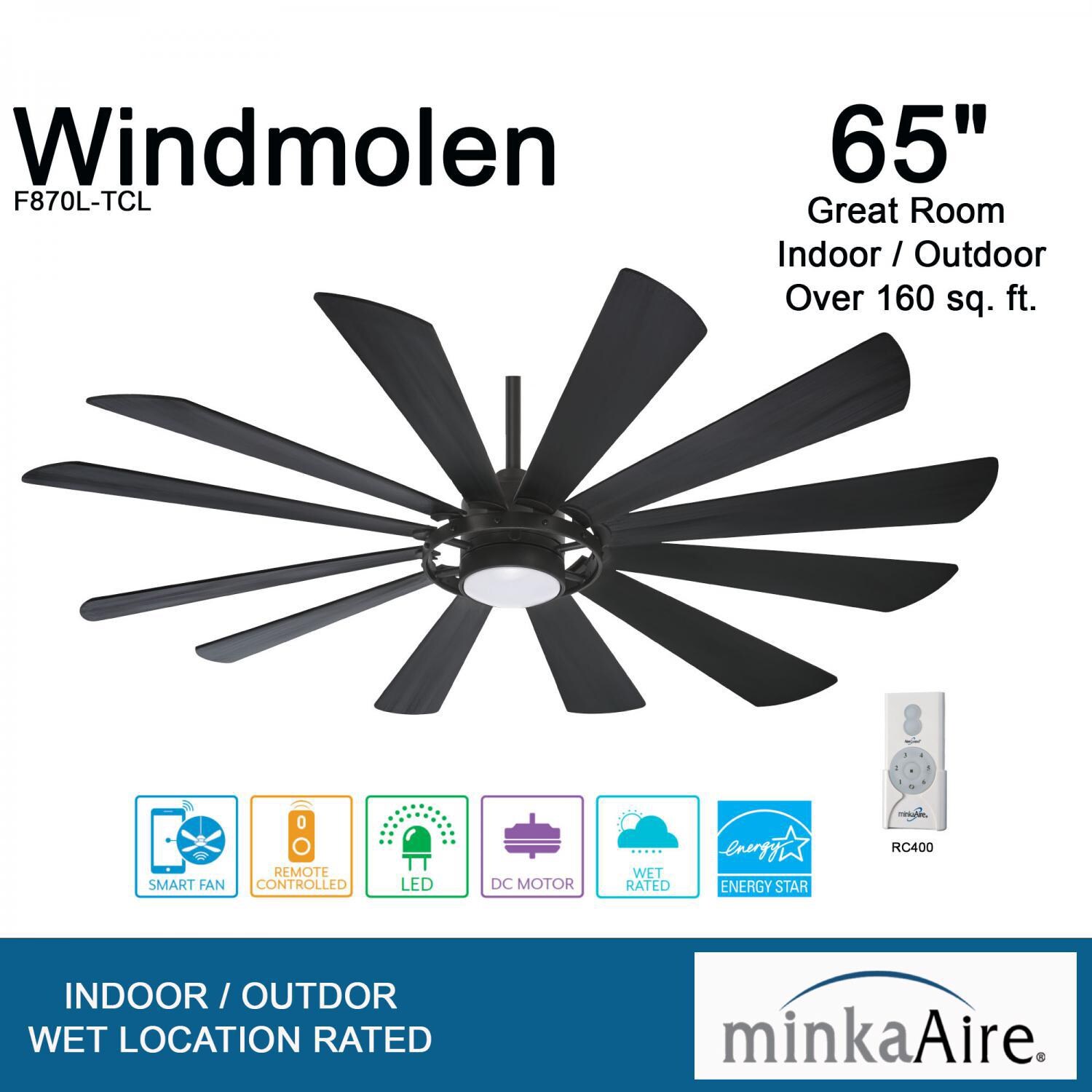 Minka-Aire F870L-TCL Windmolen 65-Inch 12-Blade LED Ceiling Fan in Textured Coal Finish w/ Coal Ashwood Blades & Etched Lens - Overview thumbnail