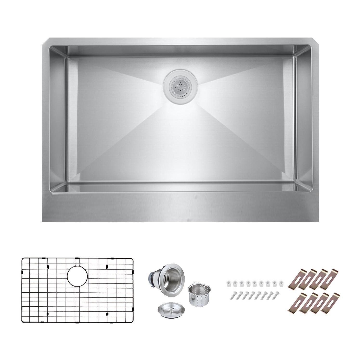 BBQGuys Signature Farmhouse Flat Apron Stainless Steel 30-Inch Sink W/Grid and Strainer - White Background thumbnail