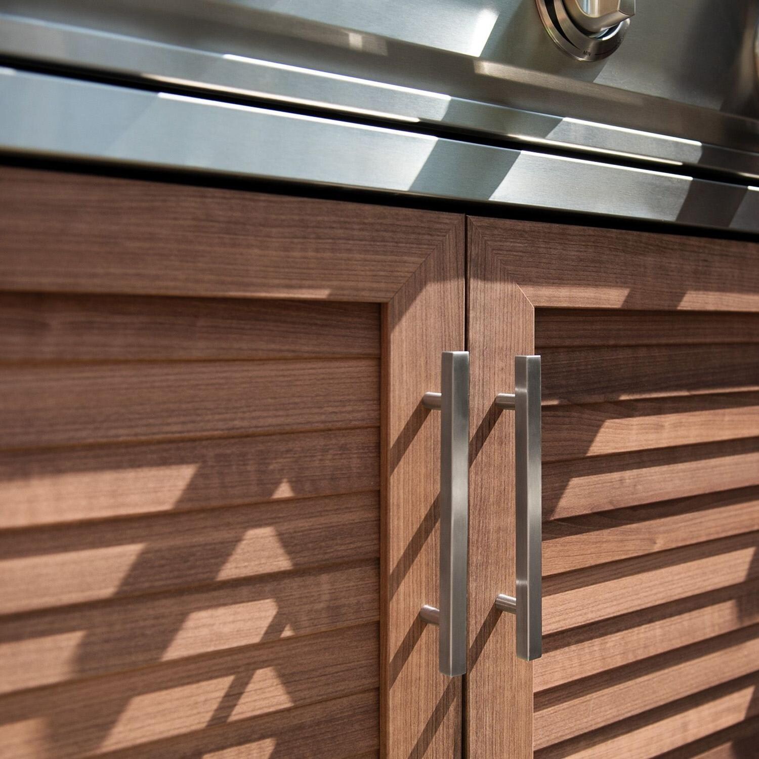 NewAge Products 67902 Classic Series 10 1/2 Ft Outdoor Kitchen Island w/ 36-in Natural Gas Grill, Refrigerator, Trash Bin, Door & Drawer in Grove/Stainless Steel - Grove Doors - Detail thumbnail