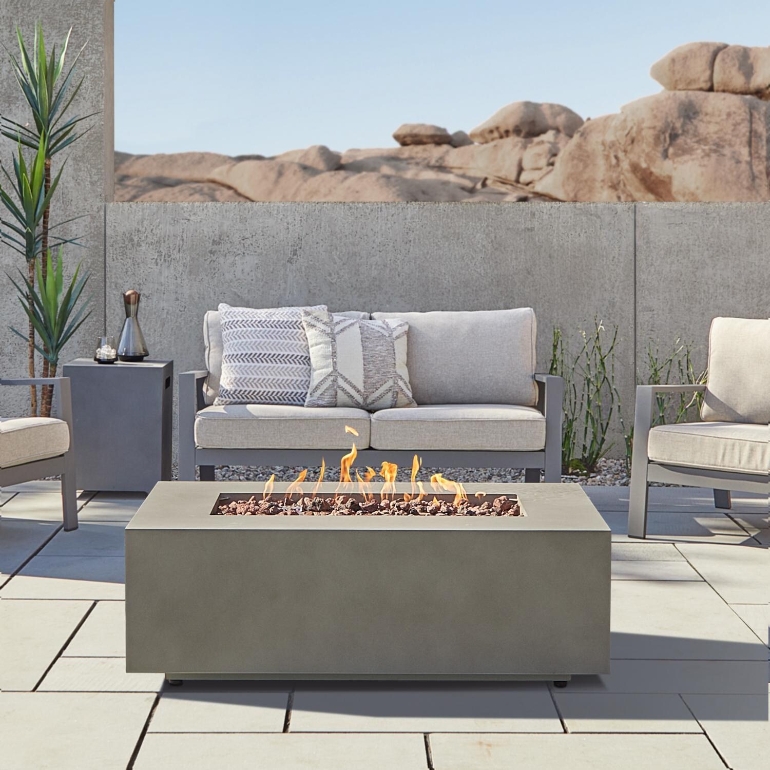 Elysian 5 Pc Aluminum Fire Pit Seating Set in Mist Gray/Weathered Slate W/ Sofa by Lakeview Outdoor Designs