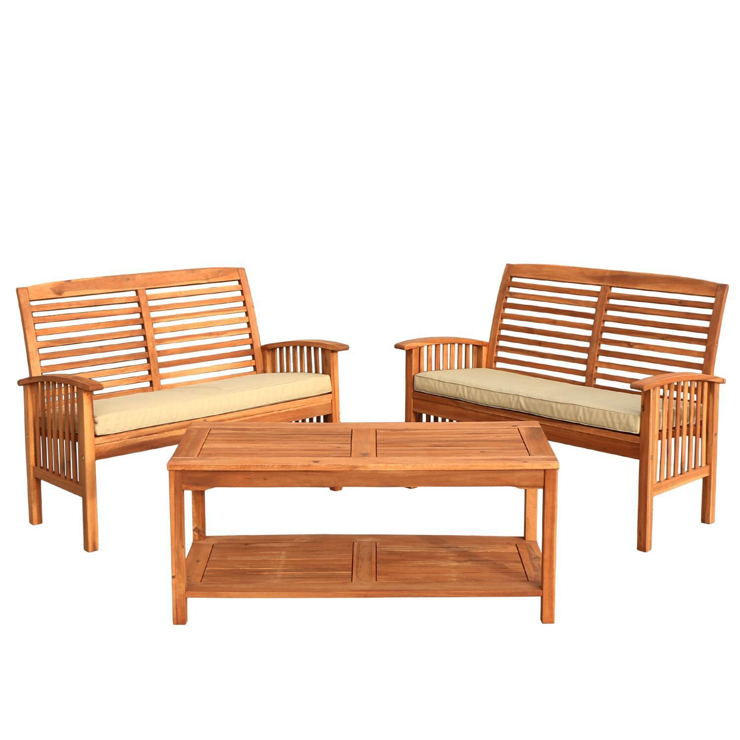 Ultimate Patio Horizon Way 3 Piece Brown Acacia Patio Conversation Set W/ Loveseats & Natural Cushions - Front View thumbnail