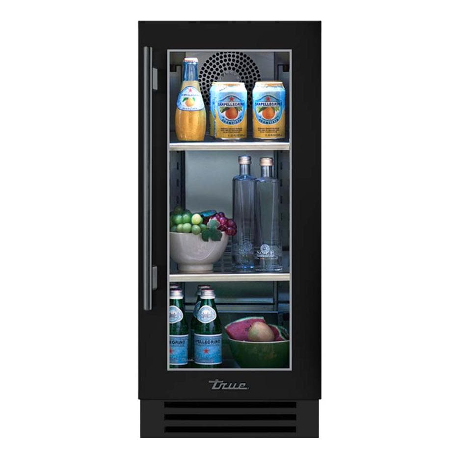 True TUR-15-R-OG-C~DSK-027-H05 15 Inch 3.14 Cu. Ft. Right Hinge Glass Door Outdoor Refigerator - Matte Black w/ Pewter Handles - White Background thumbnail