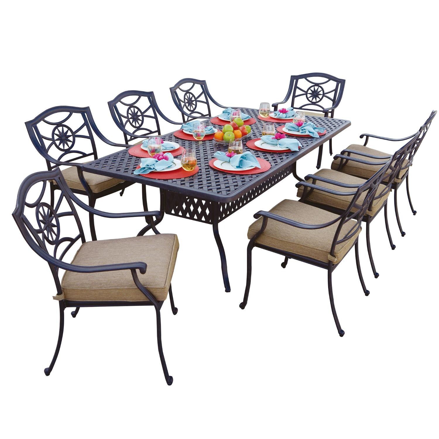 Ten Star 9 Pc Cast Aluminum Dining Set w/ 84 X 42 Inch Table in Antique Bronze/Sesame by Darlee