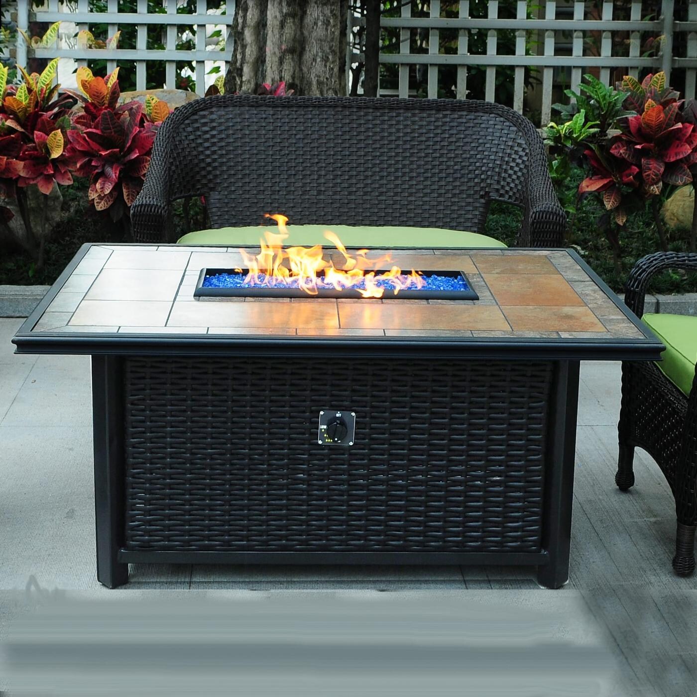 Tretco 54-Inch Rectangular Natural Gas Wicker Fire Pit Table (Ships As Propane With Conversion Fittings) - Dark Brown W/ Tile Top - FP-W-36x24-42RectGRC-NG