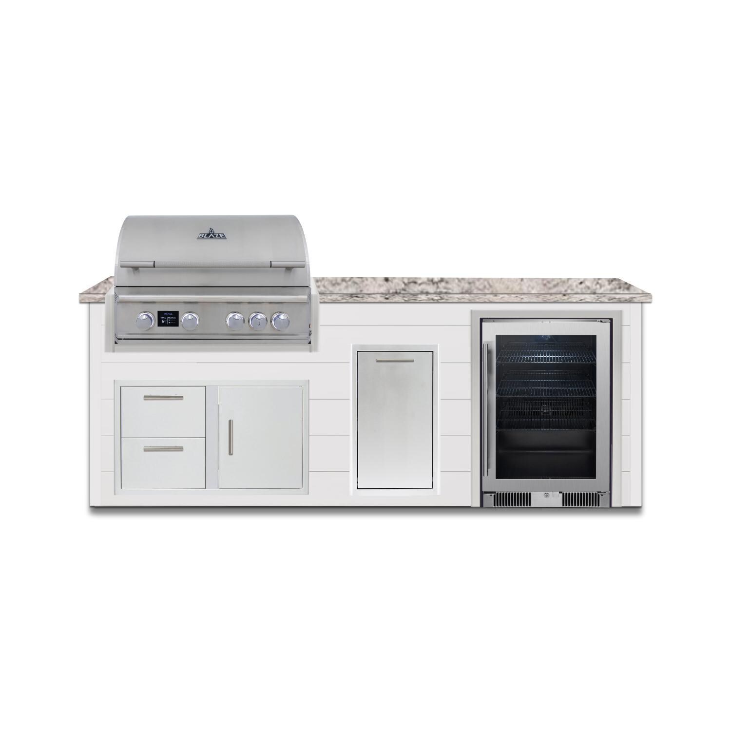 BBQGuys Signature 8 Ft Grill Island w/ 32-in Propane Blaze Premium LTE Pro Grill, Beverage Center, Double Trash Bin & Door & Drawer | Crystal White w/ White Granite - Front - White Background thumbnail