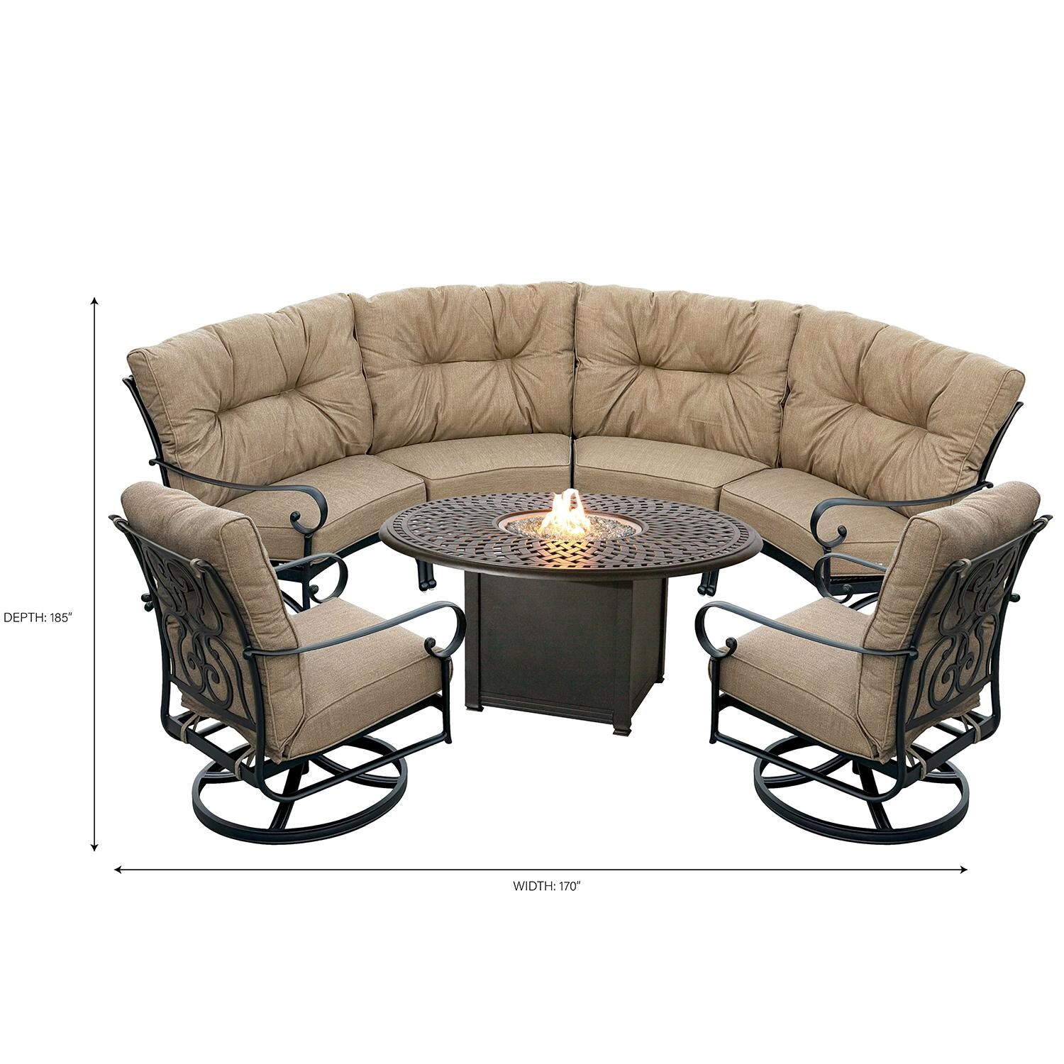 Santa Anita 7 Pc Cast Aluminum Patio Fire Pit Conversation Set w/ Sesame Sunbrella Cushions by Darlee - - Dimensional thumbnail