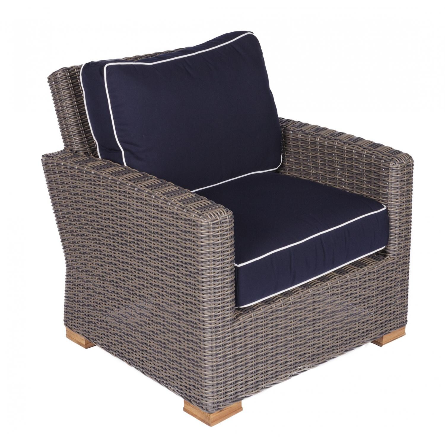 Royal Teak Collection Sanibel Wicker Patio Club Chair W/ Sunbrella Canvas Navy Cushions thumbnail