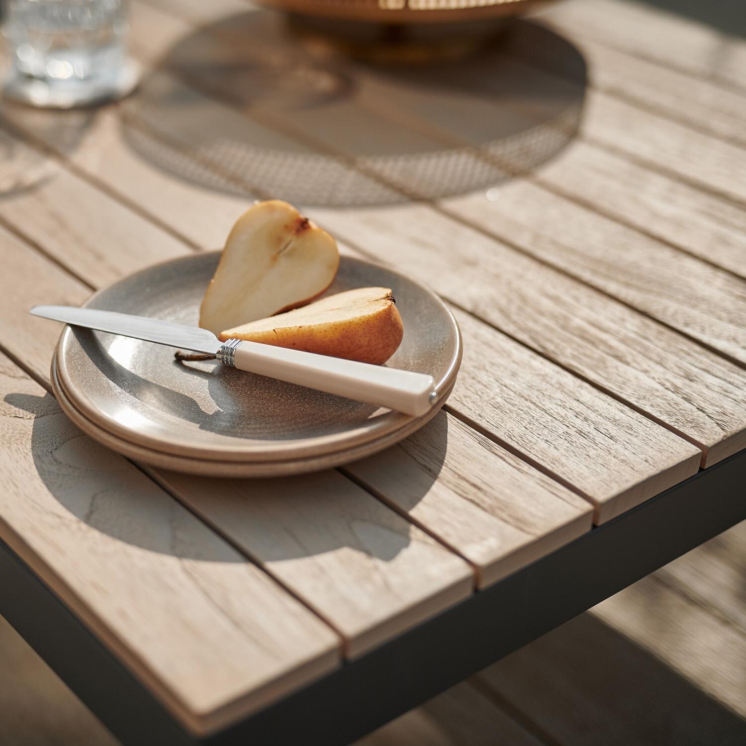 Elba 6 Pc Aluminum Seating Set w/ Teak Tabletop in Charcoal / Cast Silver - Tabletop - Detail thumbnail