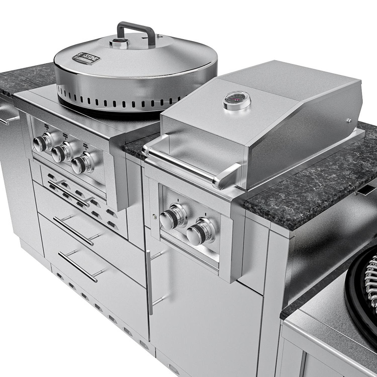 Sunstone Grills SCPTEXCAJUN9-LP Tex-Cajun 9 Ft Outdoor Kitchen Island w/ Propane Grill & Side Burner, Door & Drawer - Up Close Closed - White Background thumbnail