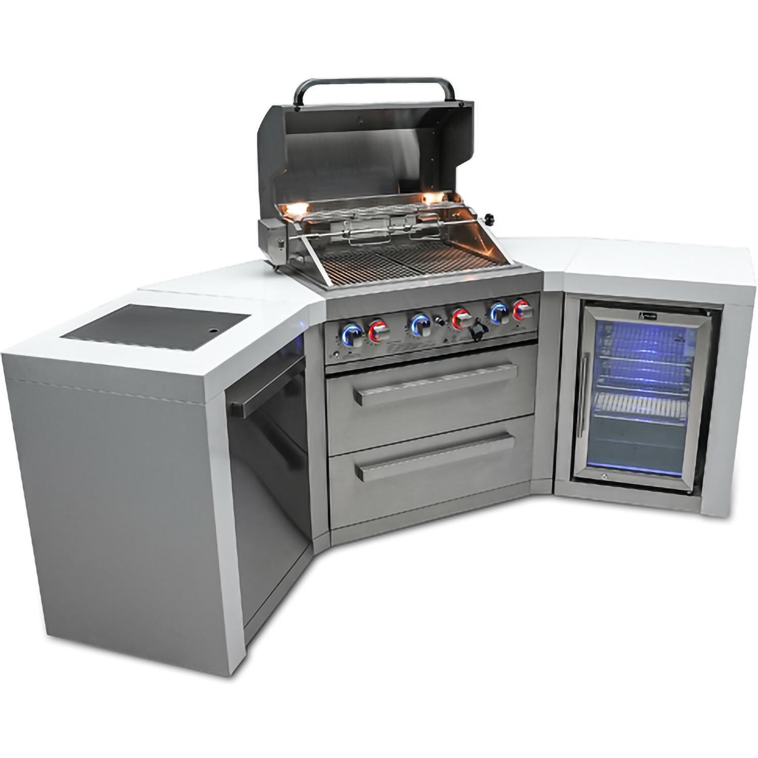 Mont Alpi - MAi400-D45FC - Deluxe 45 Degree Grill Island - Stainless Steel - Open With Burners On Angled Left - White Background thumbnail