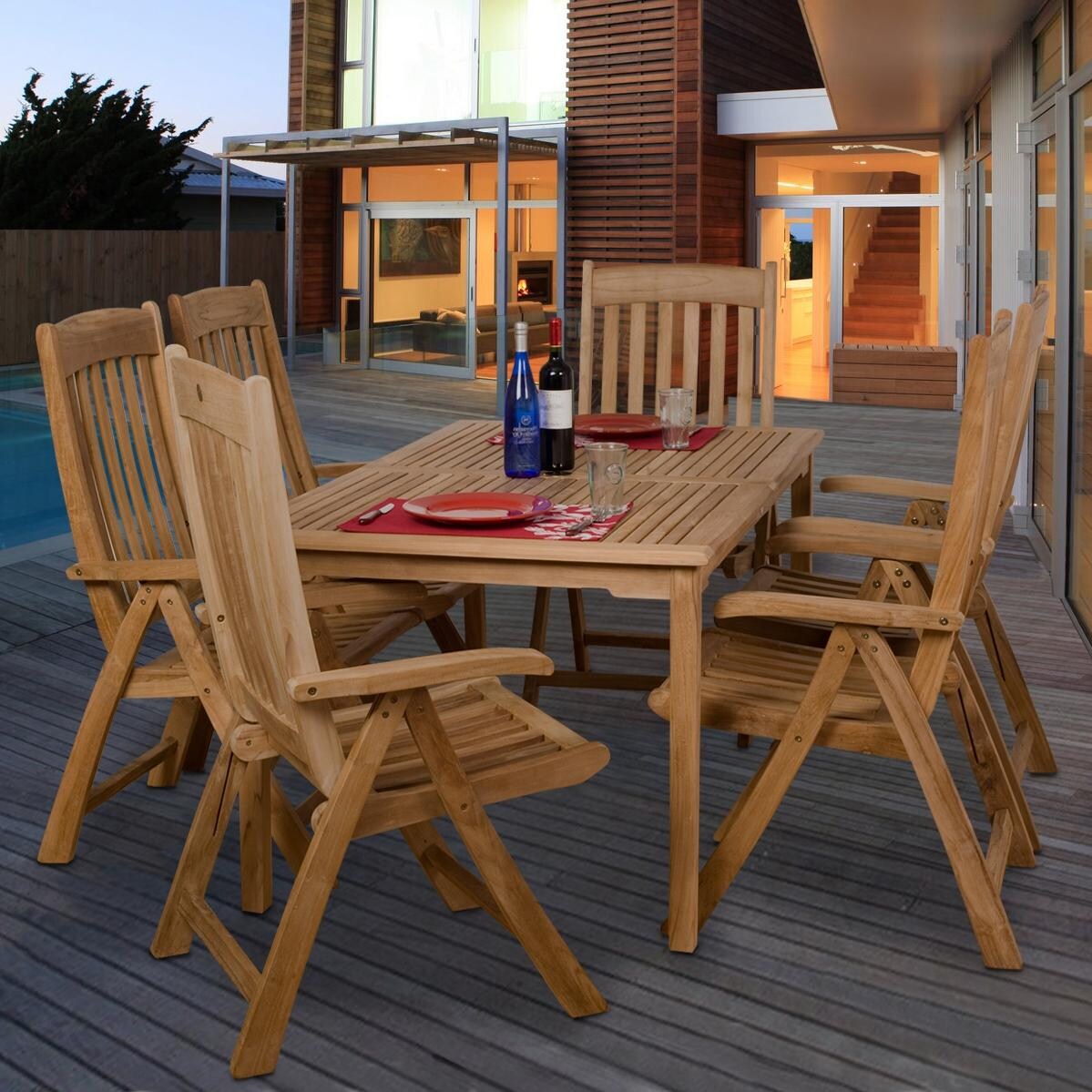 Amazonia Teak Zurich 6-Person Teak Patio Dining Set With Reclining Chairs - Brown thumbnail