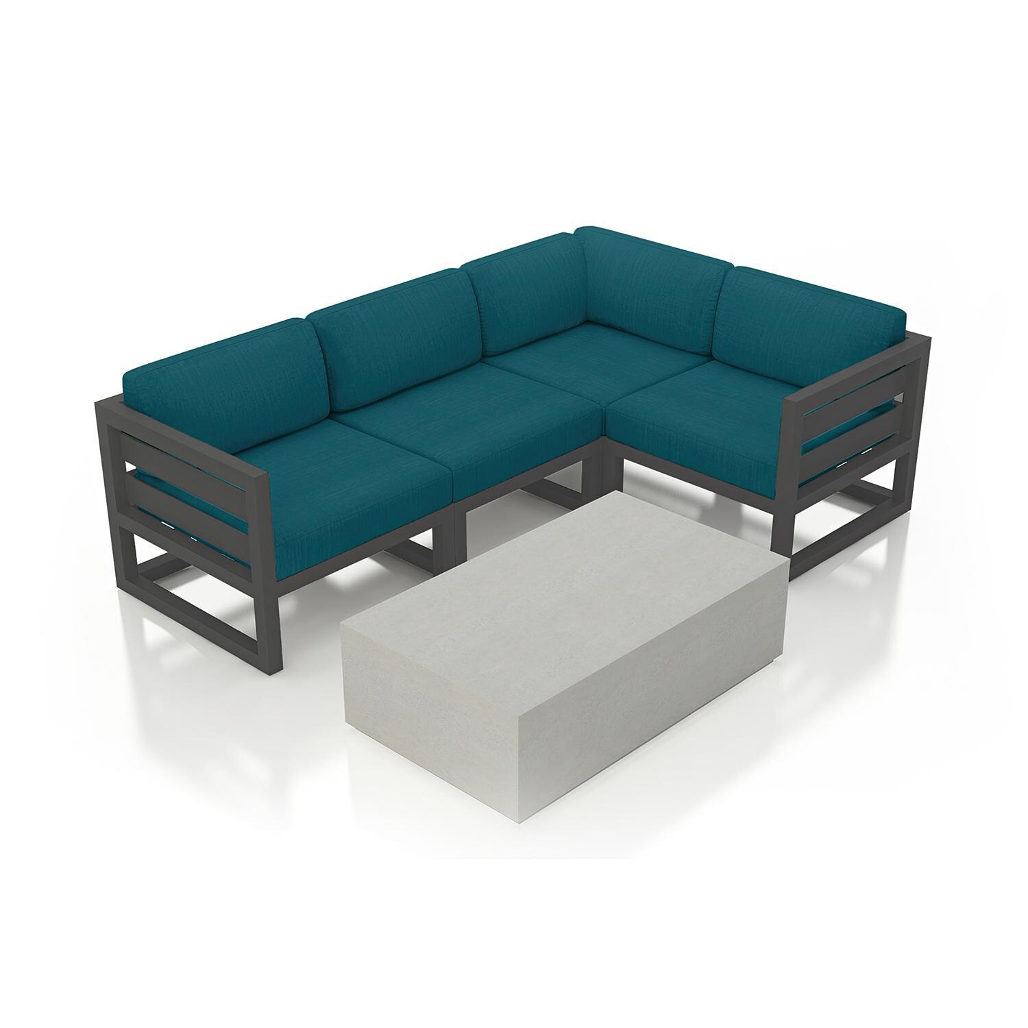 Misty Cove 5 Piece Sectional Set in Slate w/Coffee Table & Spectrum Peacock Cushions by Lakeview - Complete Set - White Background thumbnail