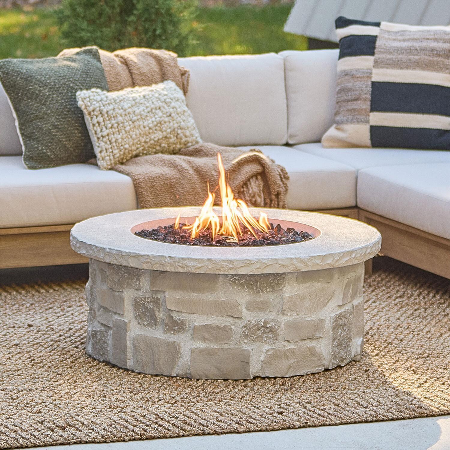 Heritage 40 Inch Round Stone Natural Gas Fire Pit Table in Beige by Lakeview (Ships Propane w/ Conversion Kit) - On - Lifestyle thumbnail