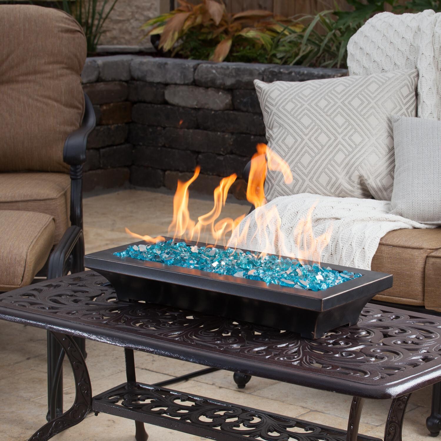 BBQGuys Signature Series Lavelle 18-Inch Table-Top Propane Fire Pit - Oil Rubbed Bronze - Side View - Shown with 1/2 inch Caribbean Blue Reflective Fire Glass (Sold Separately) thumbnail