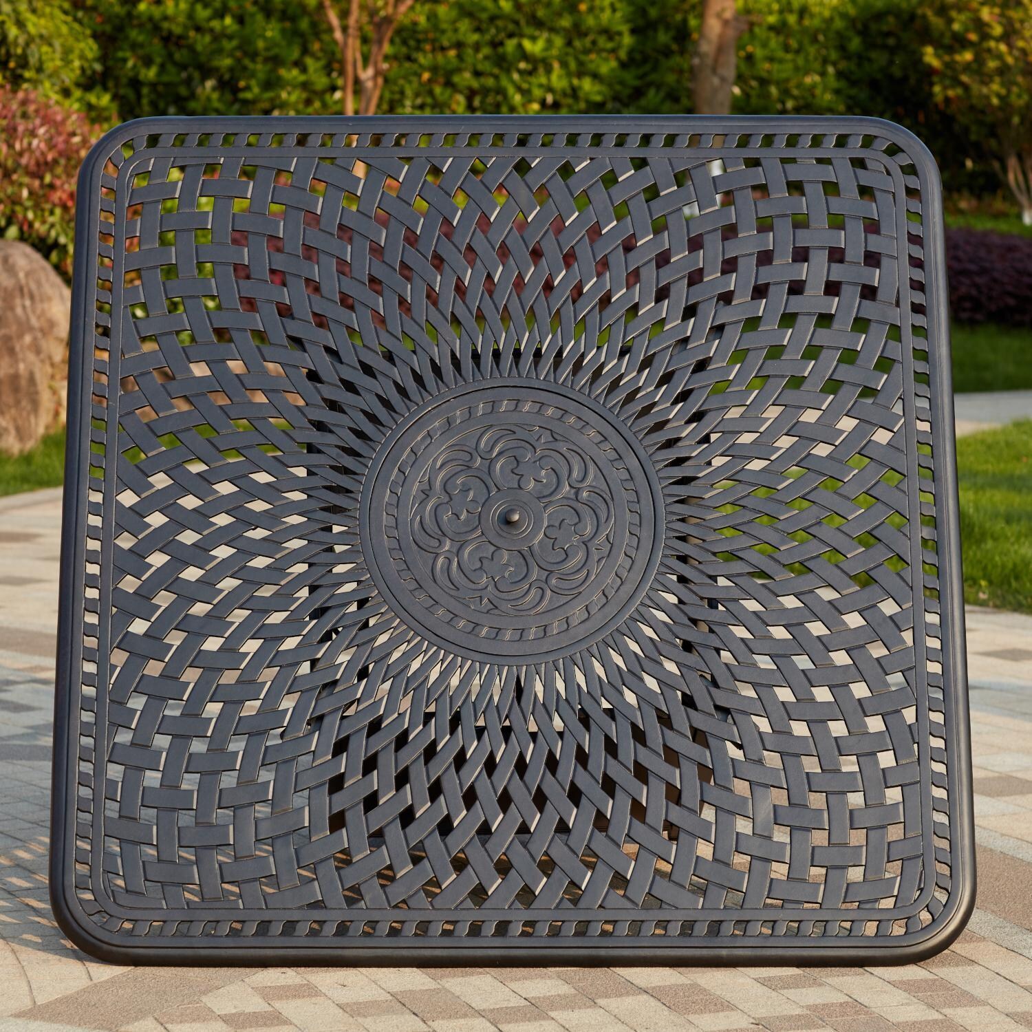 Darlee 201010-9PC-60GHW Santa Barbara 9 Piece Cast Aluminum Patio Counter Height Fire Pit Bar Set W/ 64 Inch Square Table & Beige Canvas Cushions - Fire Pit Table Top thumbnail