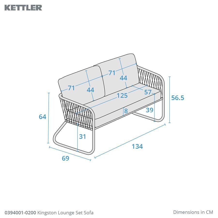 Kingston 4 Pc Aluminum/Rope Seating Set w/ Charcoal Gray Cushions By KETTLER - Sofa Dimensions - Dimensional thumbnail