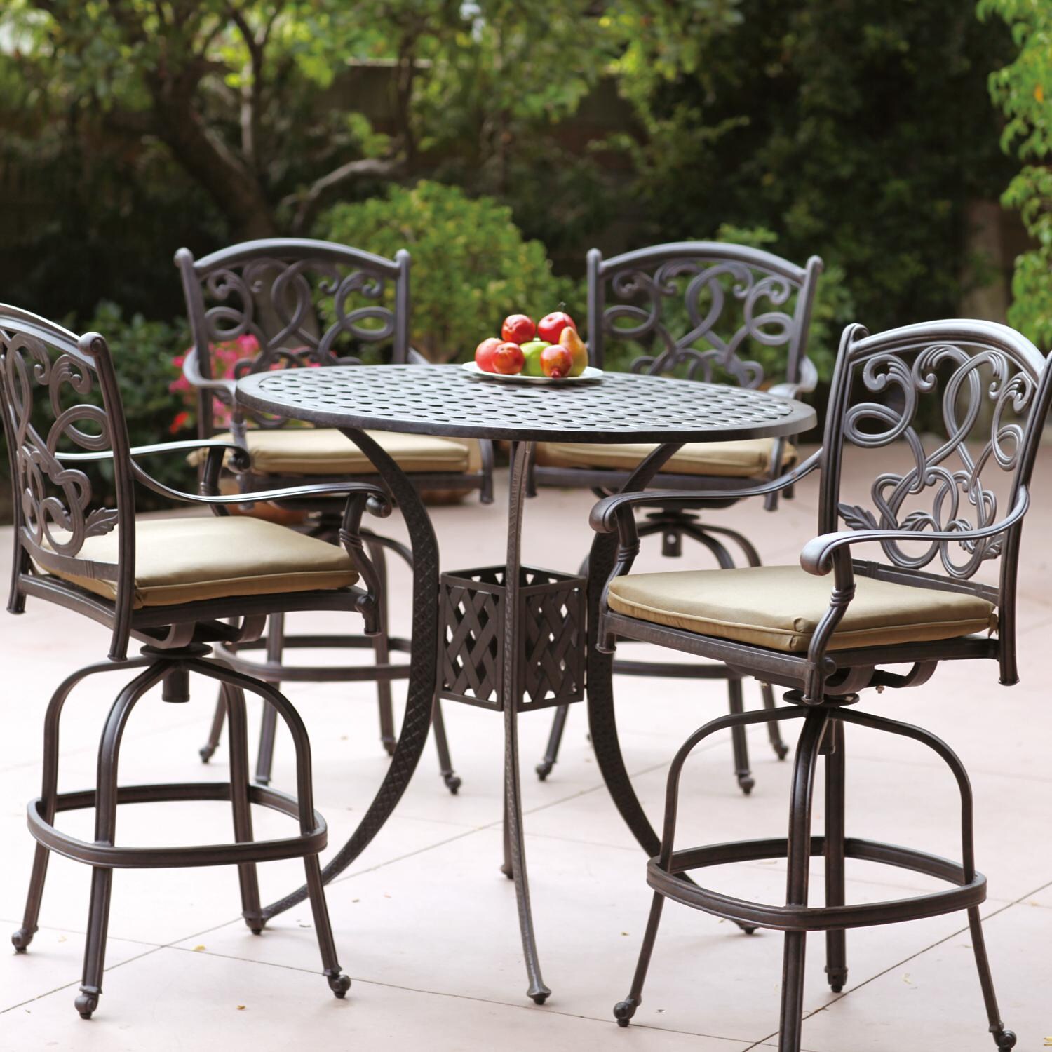 Darlee DL2052-5PC-30F Santa Monica 5 Piece Cast Aluminum Patio Bar Set W/ 42 Inch Round Table & Sesame Cushions thumbnail
