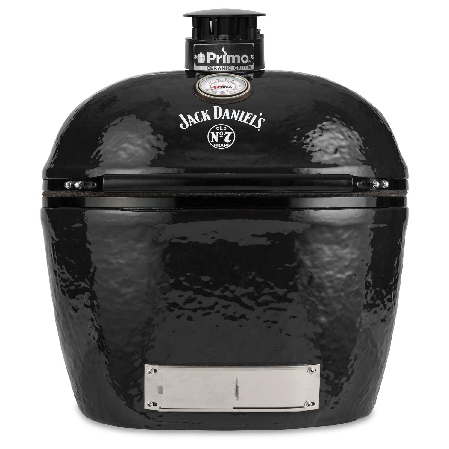 Primo PGCXLHJ Jack Daniels Edition Oval XL 400 Ceramic Kamado Grill On Curved Cypress Table With Stainless Steel Grates - Primo Jack Daniels Edition Oval XL thumbnail