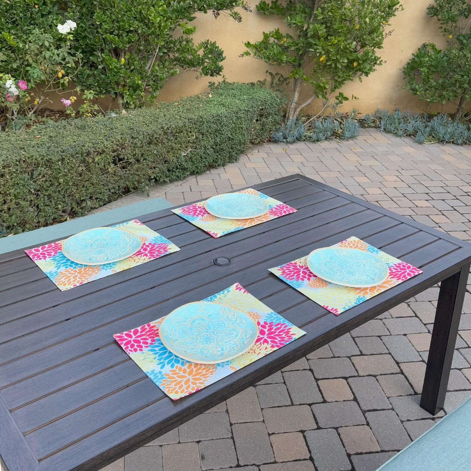 Atlantis 3 Pc Aluminum Dining Set w/ 2 Two Person Benches in Walnut/Spa by Darlee - Angled - Lifestyle thumbnail