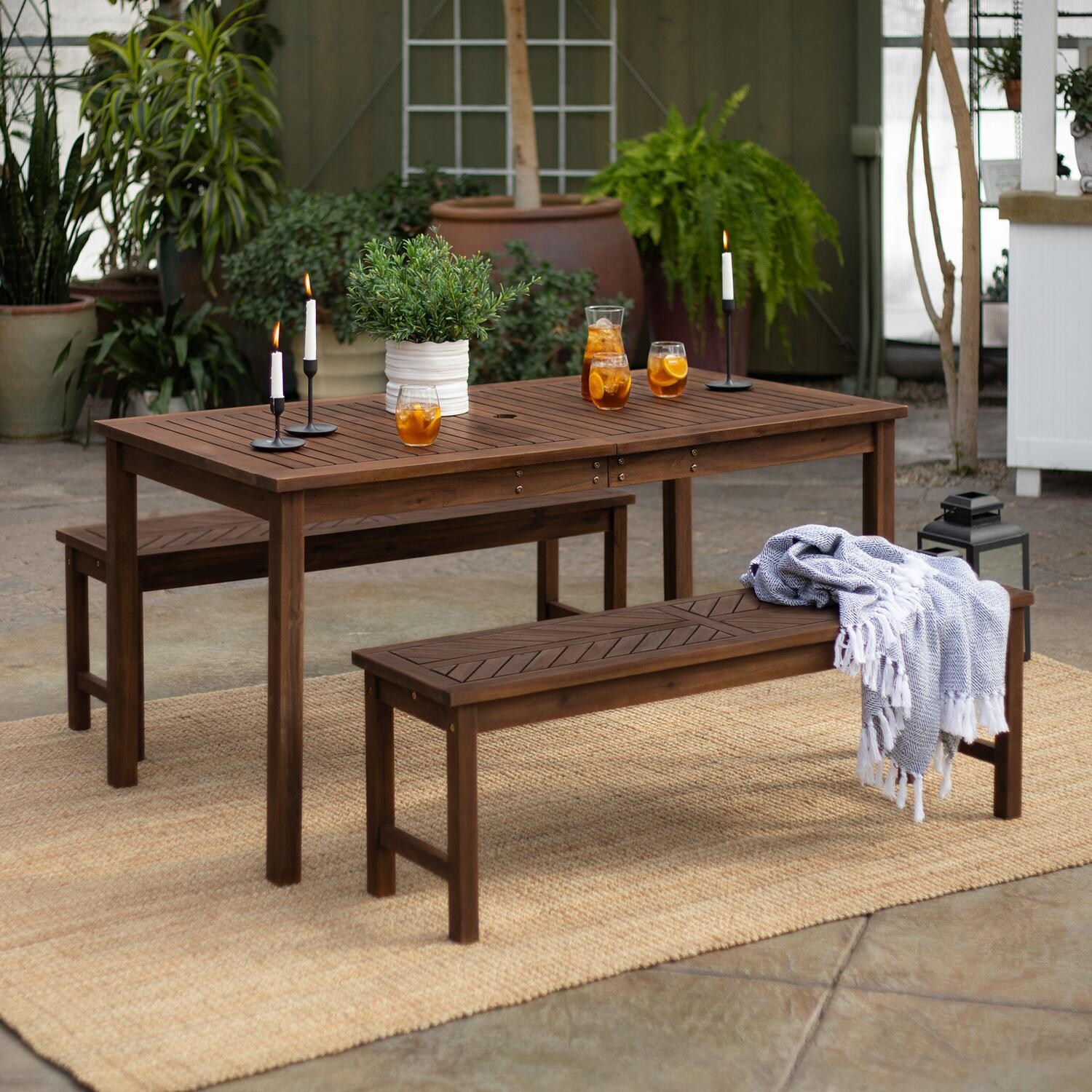 Walker Edison Vincent 3 Piece Acacia Patio Dining Set W/ 60 X 32 Inch Rectangular Table - Dark Brown image