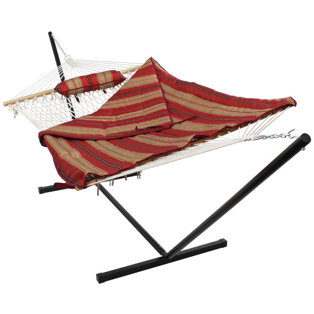 Ultimate Patio Rope Hammock w/ 12-Foot Stand, Pad, & Pillow - Awning Stripe - Pad Folded - White Background thumbnail