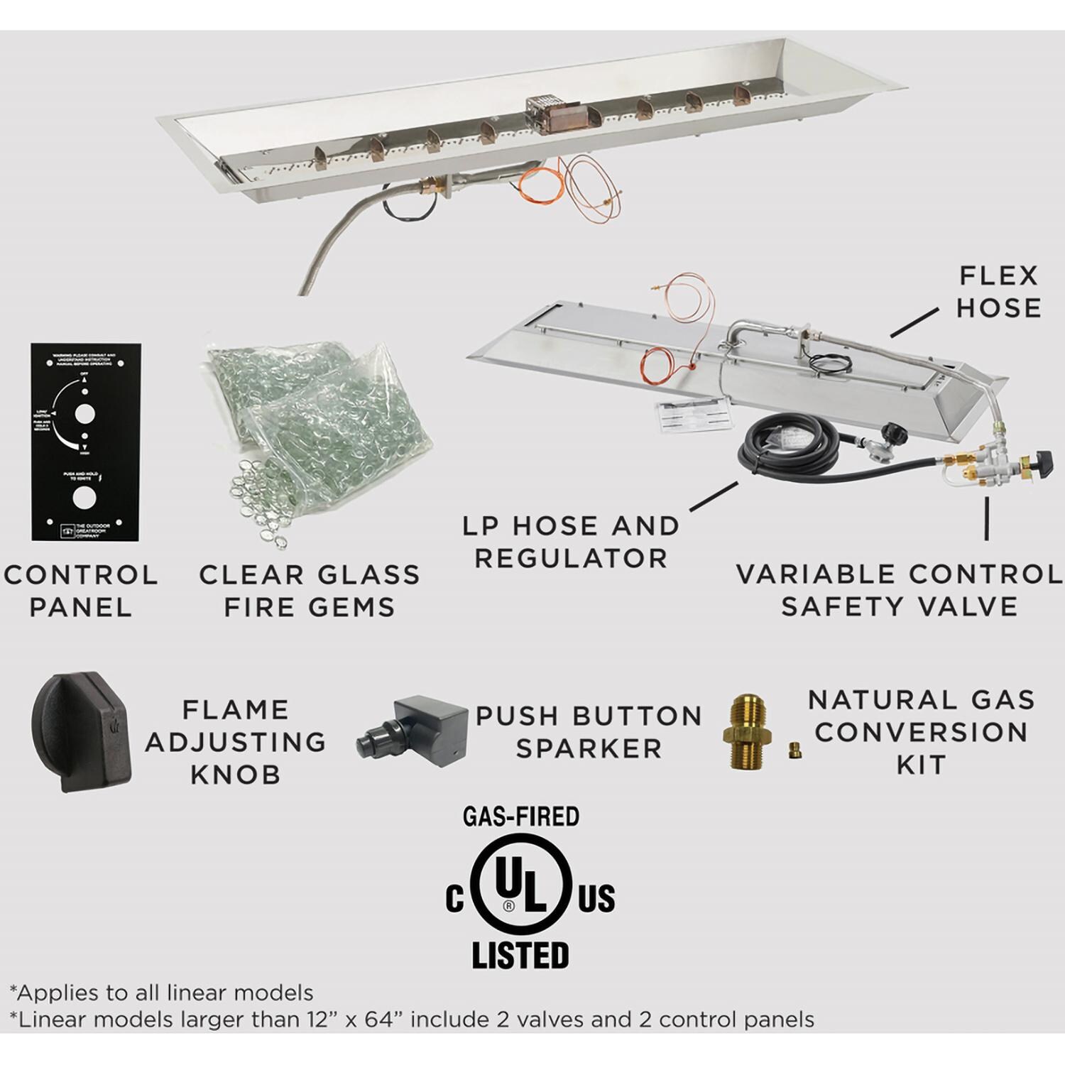 The Outdoor GreatRoom Company CFP1242DSILP Crystal Fire Plus 42 Inch Drop-In Linear 80,000 BTU Propane Fire Pit Burner Kit w/ Direct Spark Ignition - Stainless Steel - Lava Rock - Detail thumbnail