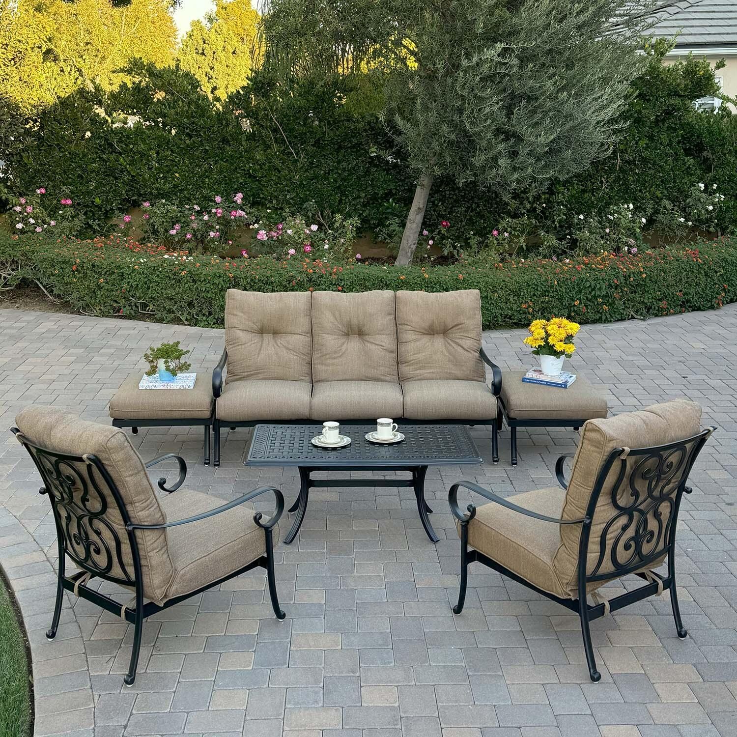 Santa Anita 6 Pc Cast Aluminum Sofa Seating Set w/ Series 88 Tables & Club Chairs Chair in Antique Bronze/Heather Beige Sunbrella by Darlee