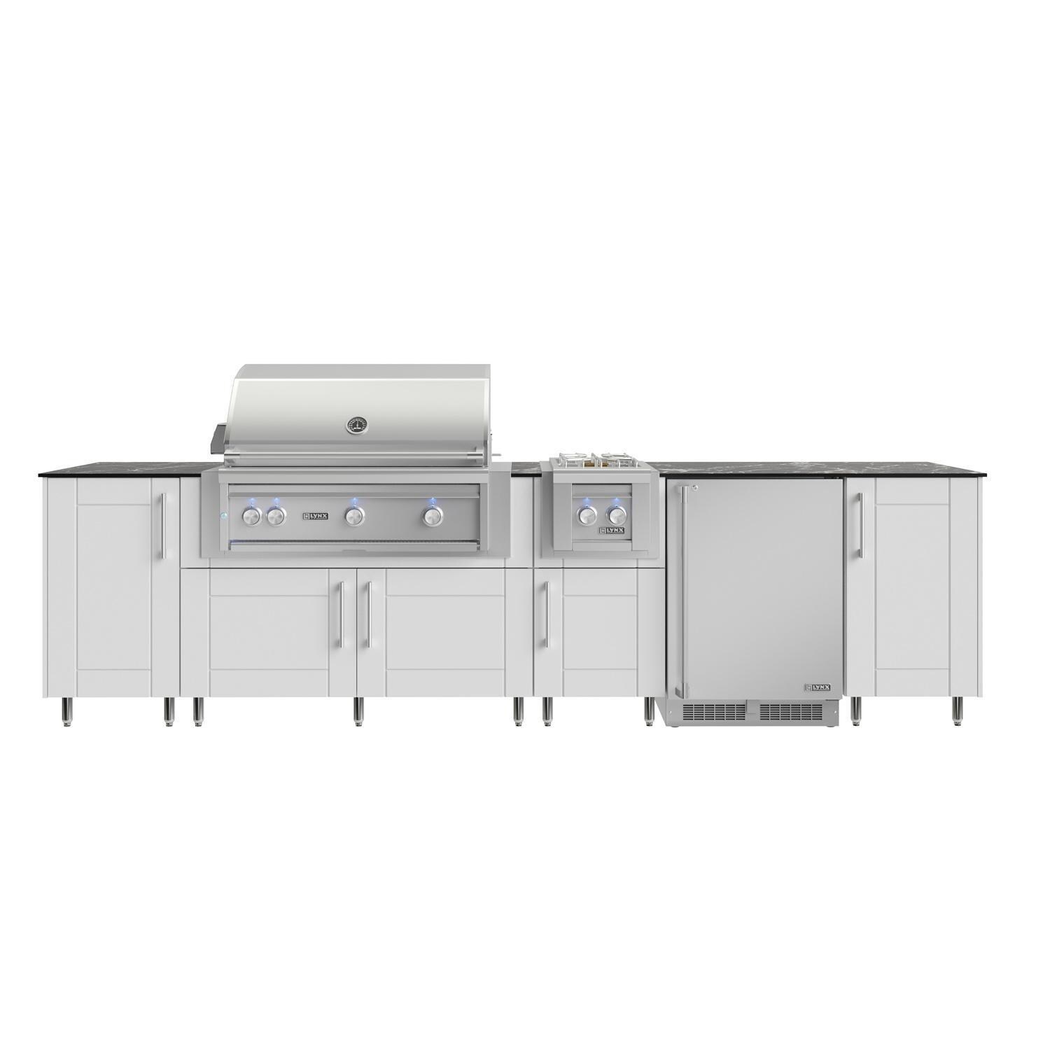 WeatherStrong Nassau 10 1/2 Ft Outdoor Kitchen Island w/ Lynx Natural Gas Grill, Side Burner & Refrigerator in Shell White/Midnight Ice