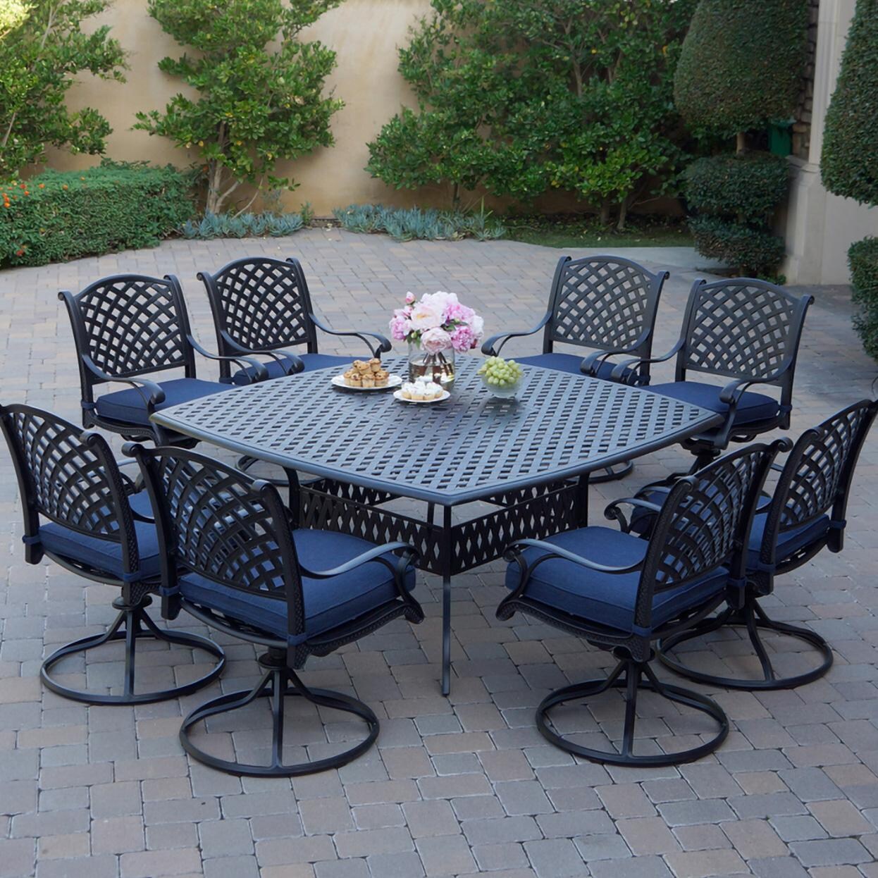 Nassau 9 Pc Cast Aluminum Dining Set in Antique Bronze w/ Navy Cushions By Darlee