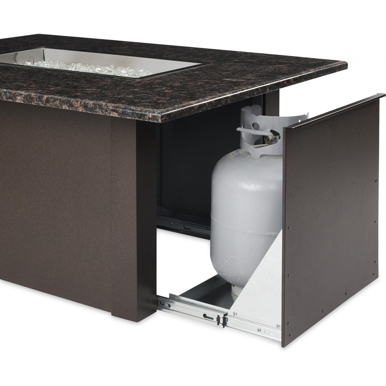 The Outdoor GreatRoom Company Grandstone Rectangular Gas Fire Pit Table - British Brown - Access door provides convenient storage for propane tanks thumbnail