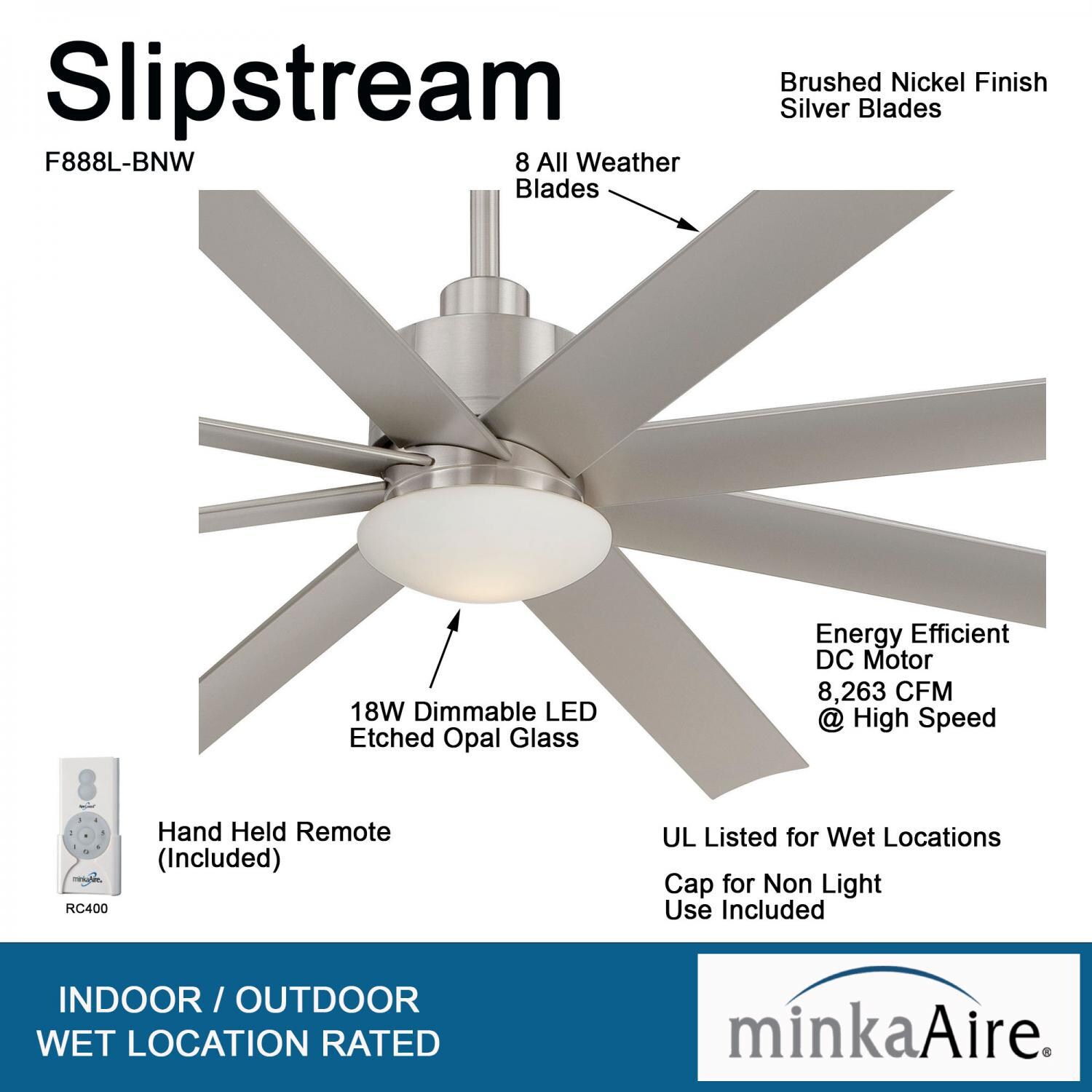 Minka-Aire F888L-BNW Slipstream 65-Inch 8-Blade LED Ceiling Fan in Brushed Nickel Wet Finish w/ Silver Blades & Etched Opal Glass - Details thumbnail