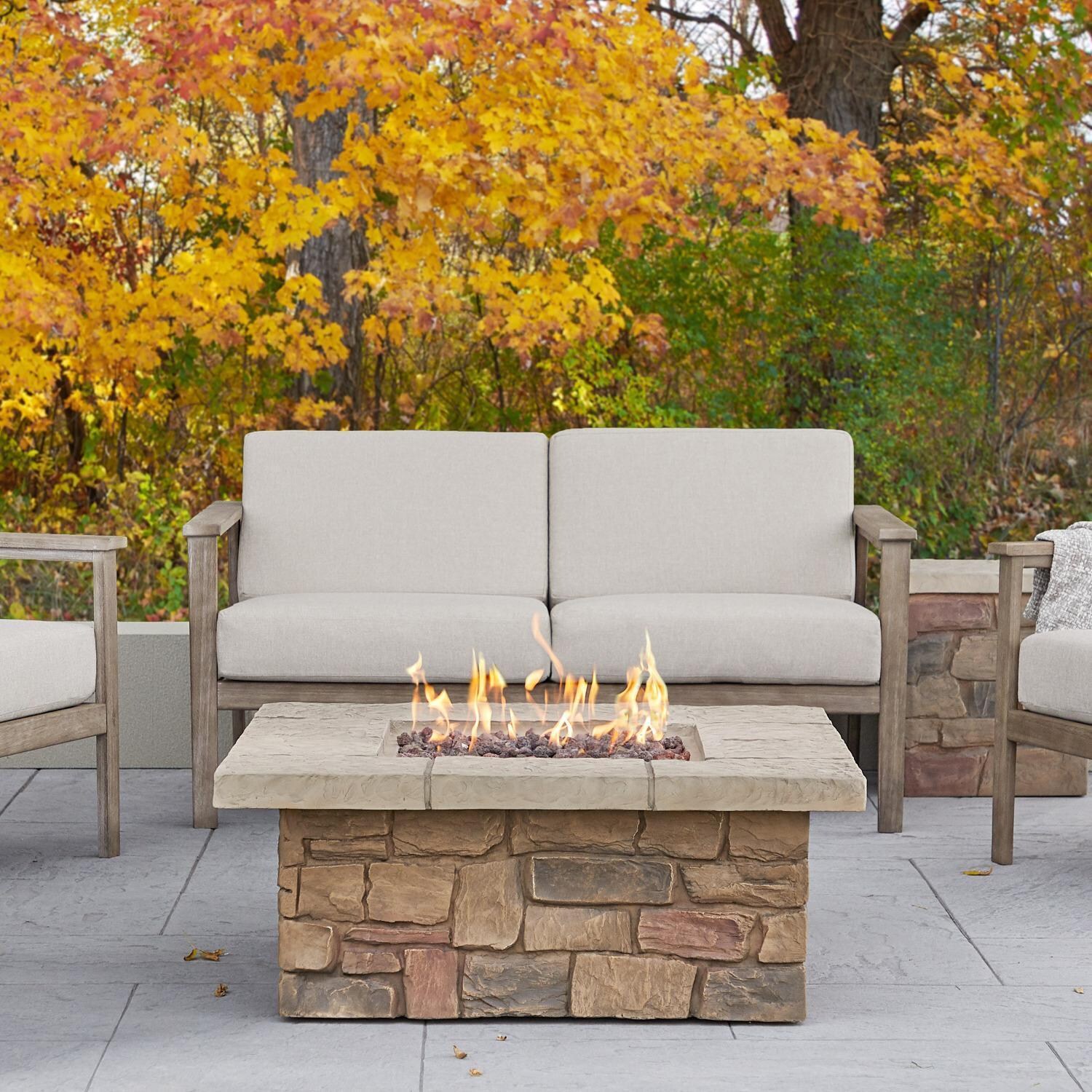 Baywood 38 Inch Square Concrete Propane Fire Pit Table in Stone by Lakeview Outdoor Designs