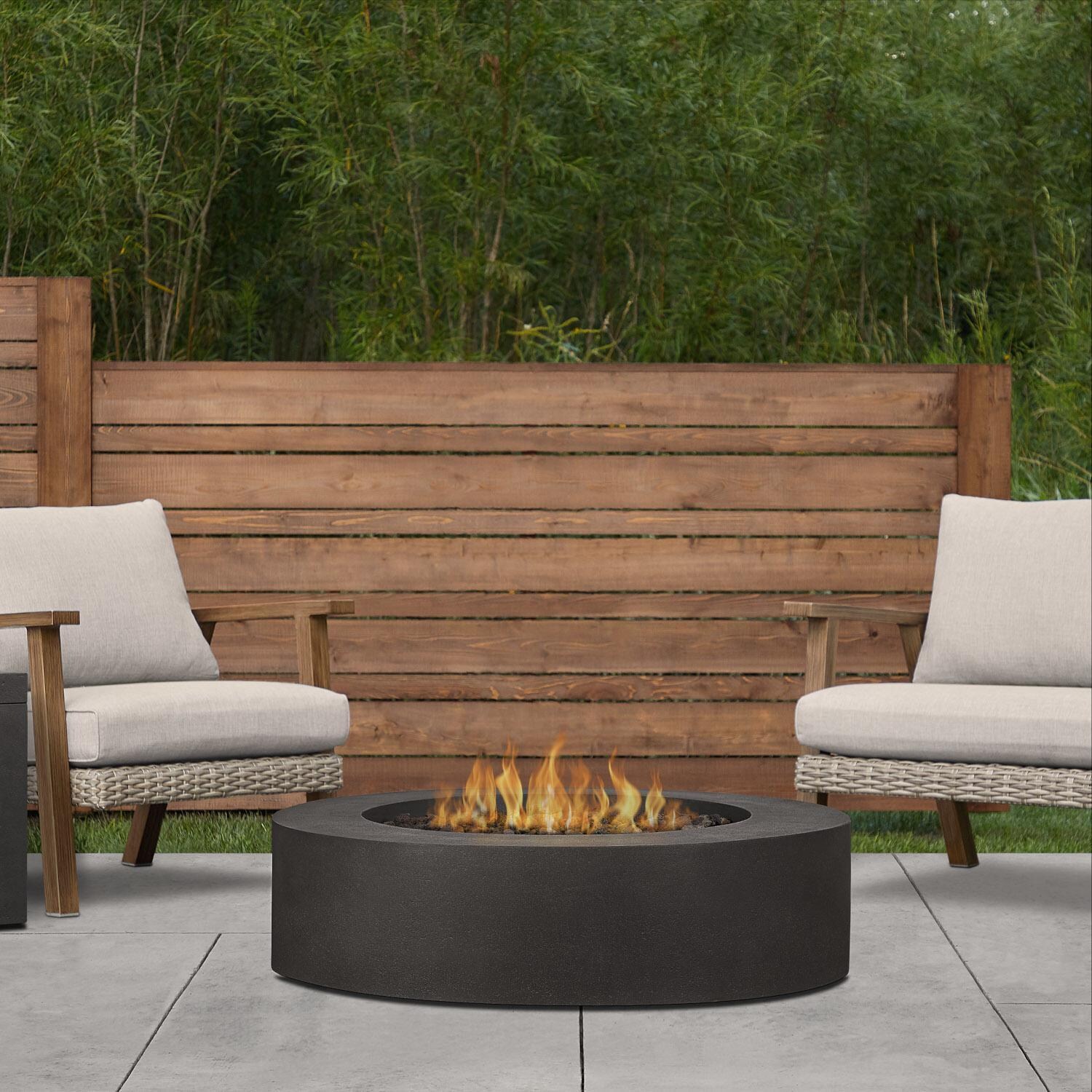 Hillview Bay 43 Inch Round GFRC Propane Fire Pit in Carbon by BBQGuys Signature