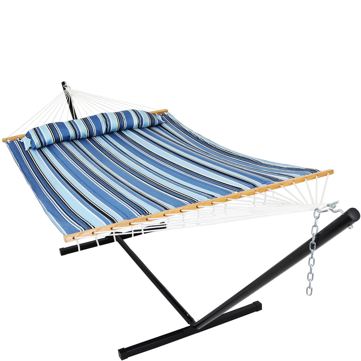 Sunnydaze Decor Quilted Double Hammock & Pillow w/ 12-Foot Black Stand - Misty Beach - OP-169-COMBO image