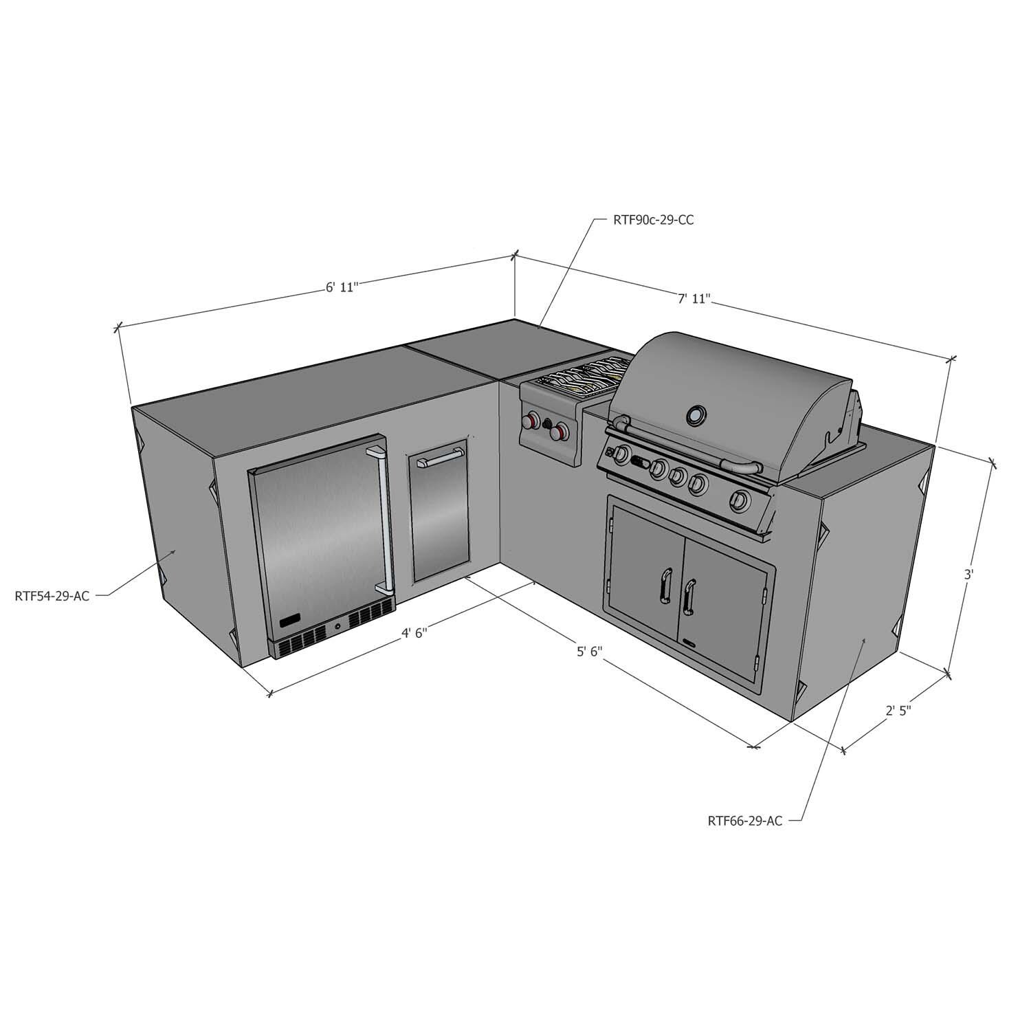 Universal 7 ft X 8 ft Ready To Finish L-Shaped Outdoor Kitchen System Appliance and Storage Cabinets - W/Appliances - Dimensional thumbnail