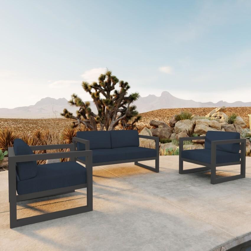 Misty Cove 3 Piece Seating Set in Slate w/Loveseat & Spectrum Indigo Cushions by Lakeview - On The Patio - Lifestyle thumbnail