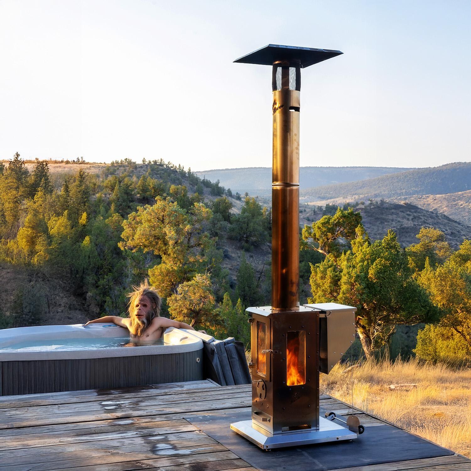 Timber Stoves Revere 22-in 90,000 BTU Pellet Freestanding Patio Heater - Stainless Steel - WPPHRSS1.0 - On Cliff - Lifestyle thumbnail