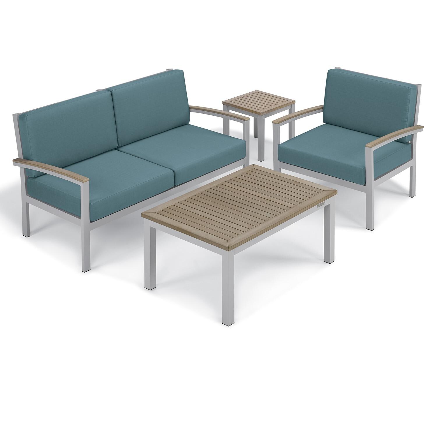 Oxford Garden 5268-PC.F Travira 4 Pc Aluminum Seating Set w/ Club Chair in Vintage Tekwood/ Ice Blue by Oxford Garden - Set - White Background thumbnail