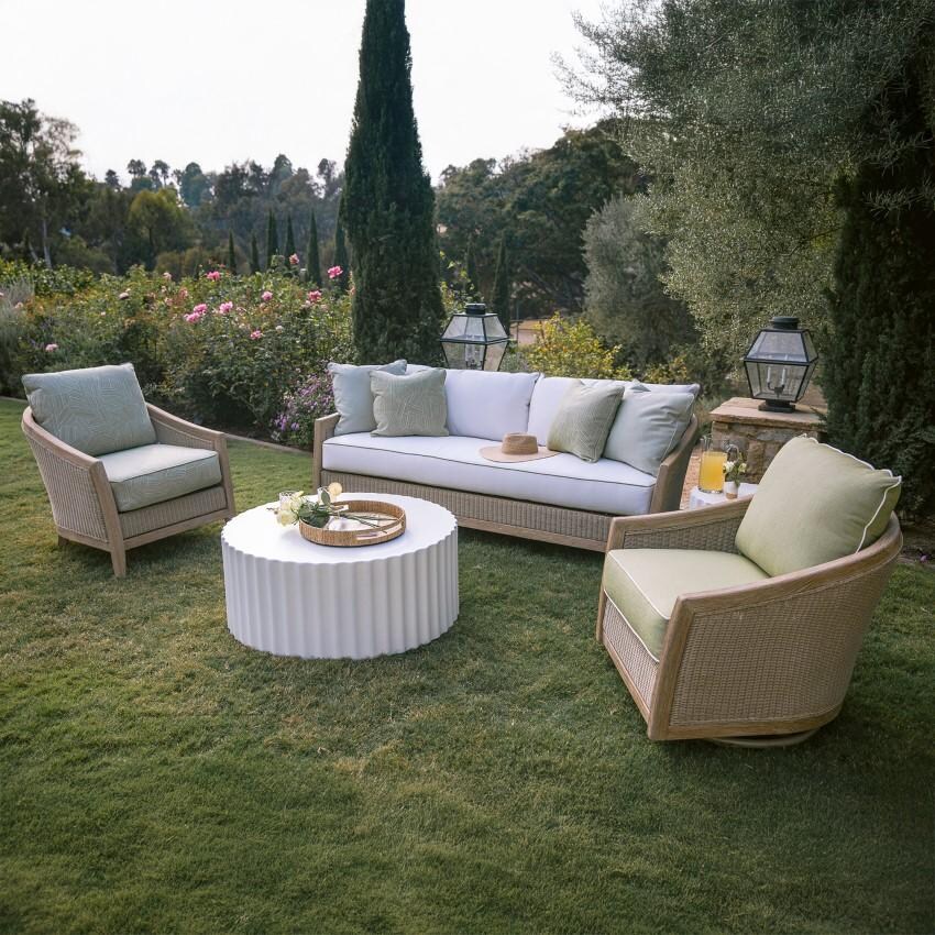 Cambria Teak Sofa in Light Wood/Canvas Canvas by Sunset West - Shown in Garden w/ Companion Pieces - Lifestyle thumbnail