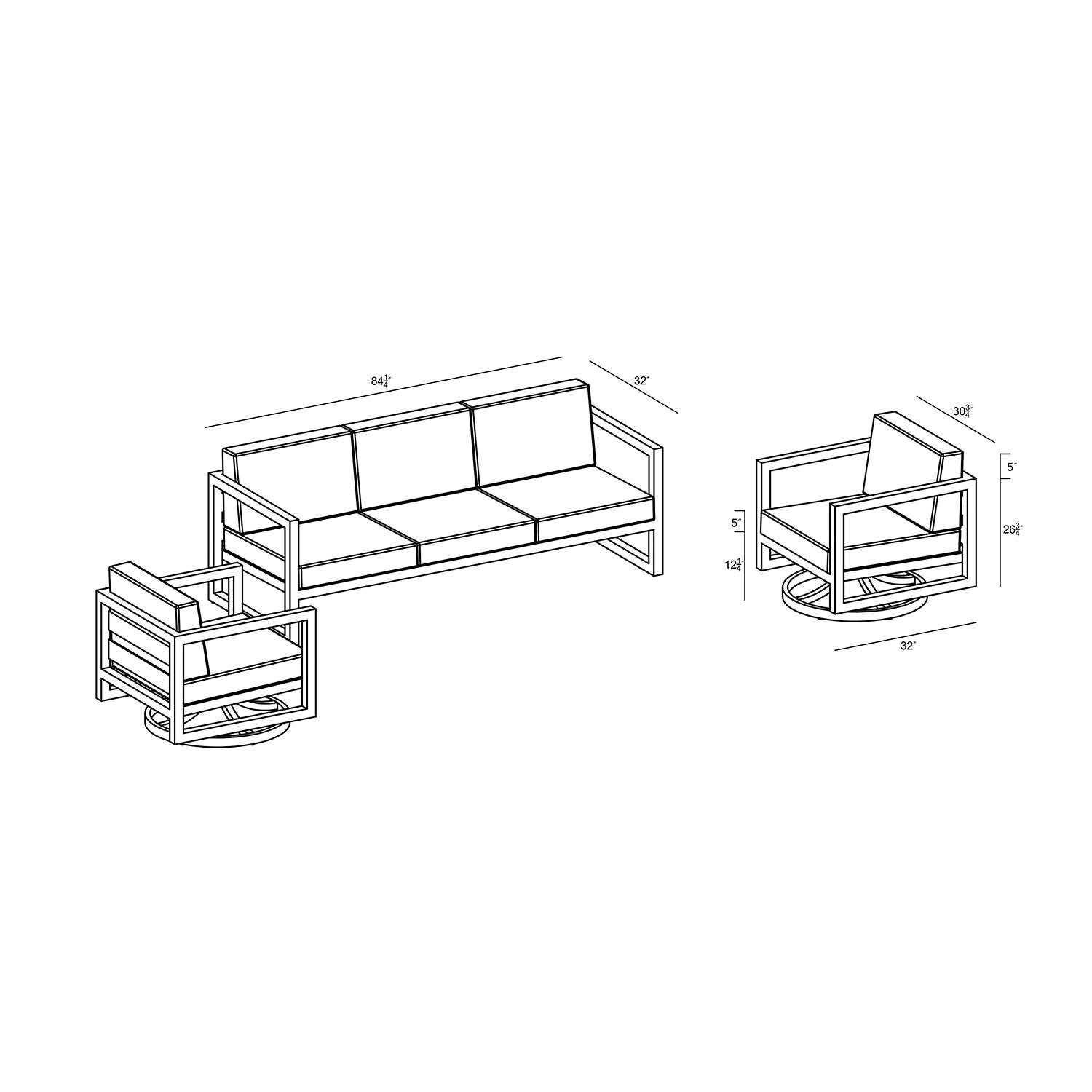 Misty Cove 3 Pc Aluminum Sofa Seating Set w/ Swivel Chairs in Black/Canvas Charcoal by Lakeview Outdoor Designs - Dimensional thumbnail