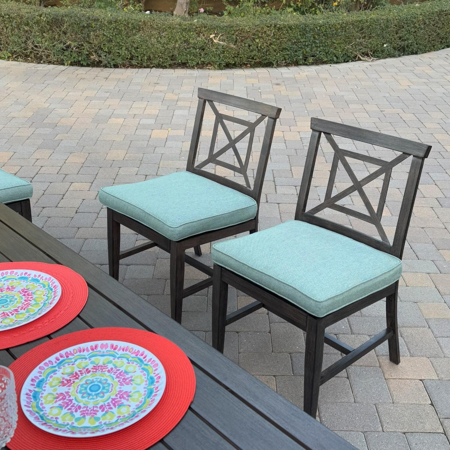 Atlantis 8 Pc Aluminum Dining Set w/ 6 Dining Side Chairs & Two Person Bench in Walnut/Spa by Darlee - Chairs At Table - Lifestyle thumbnail