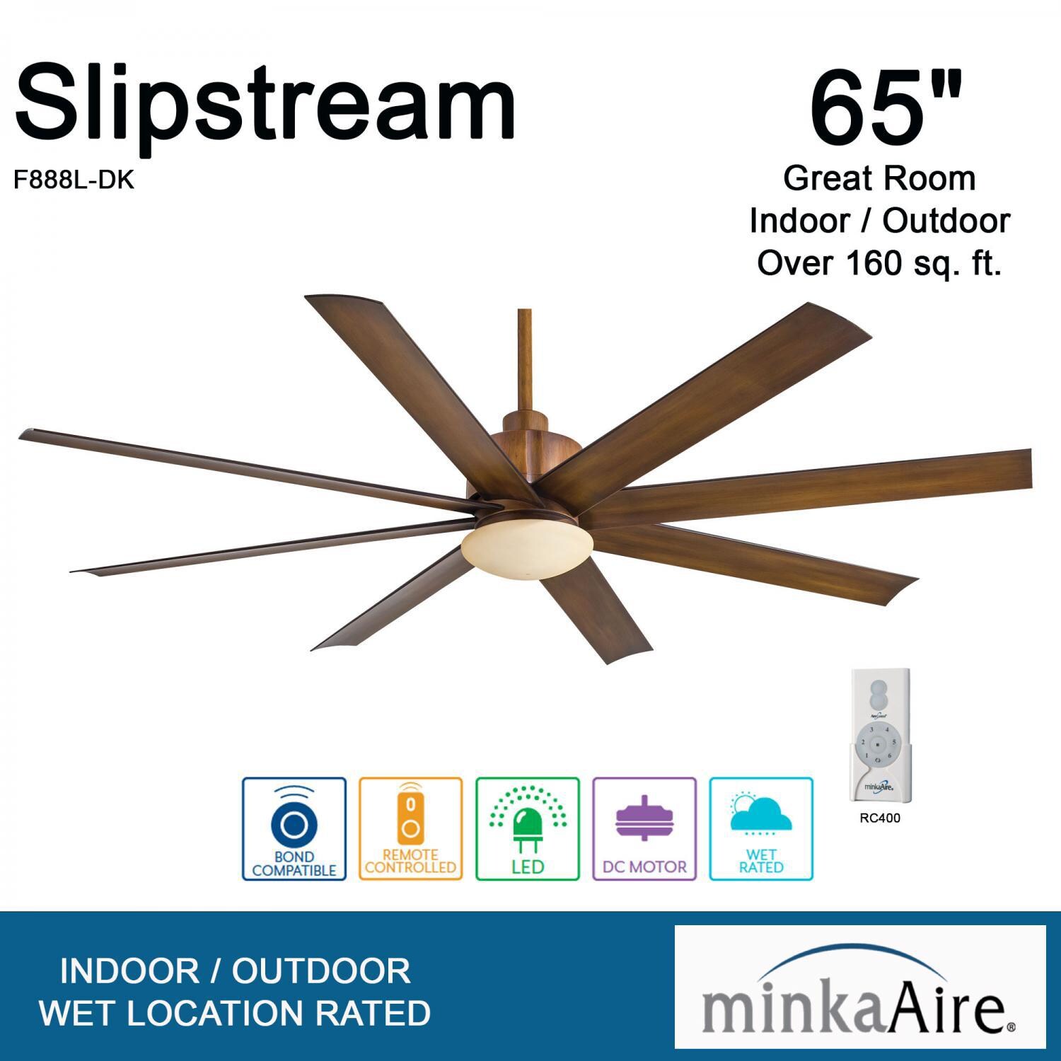 Minka-Aire F888L-DK Slipstream 65-Inch 8-Blade LED Ceiling Fan in Distressed Koa Finish w/ Distressed Koa Blades & Tinted Opal Glass - Overview thumbnail
