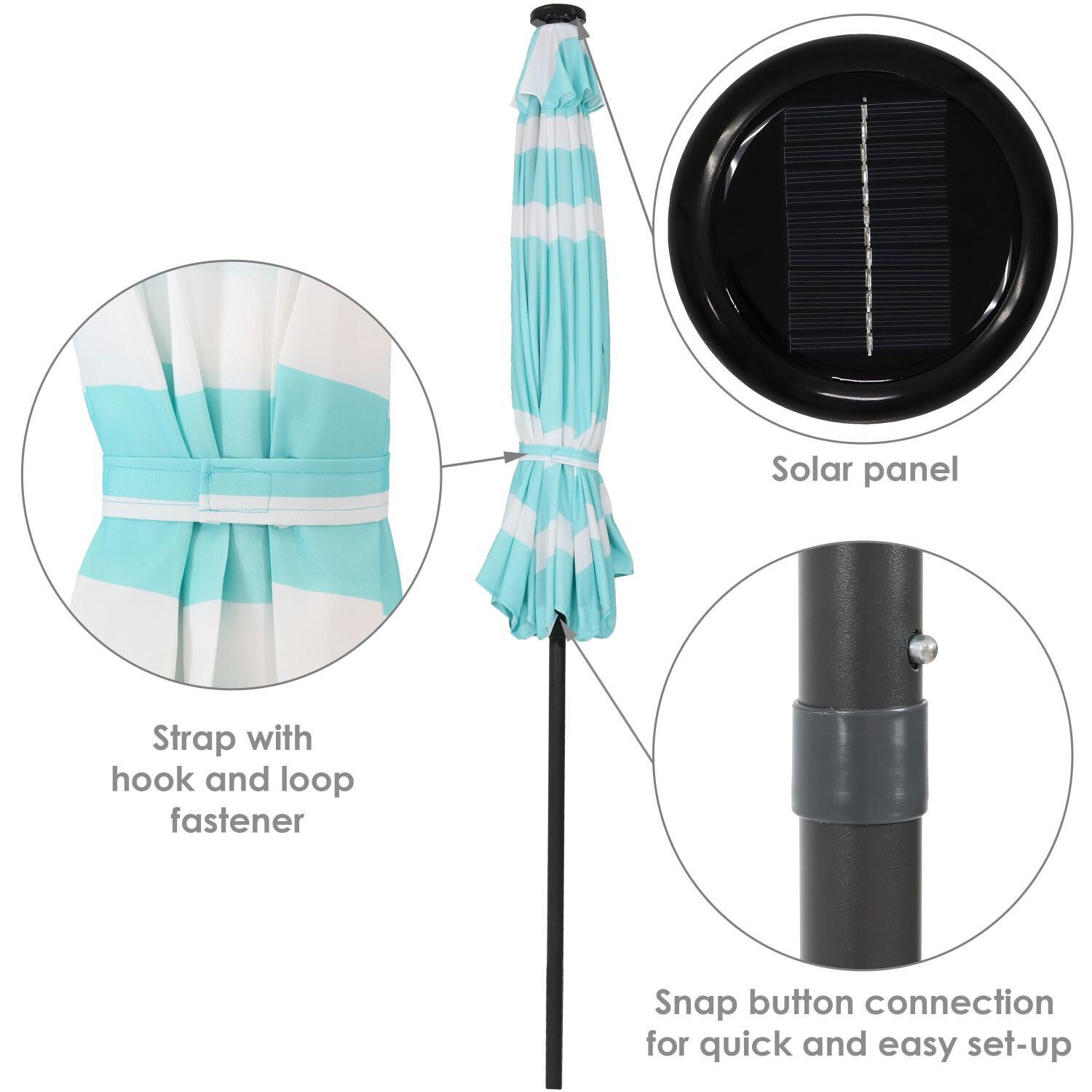 Ultimate Patio 9 Ft. Solar Lighted Octagonal Patio Umbrella W/ Crank Lift - Teal Stripe Canopy - Canopy Strap, Solar Panel, & Pole Connection thumbnail