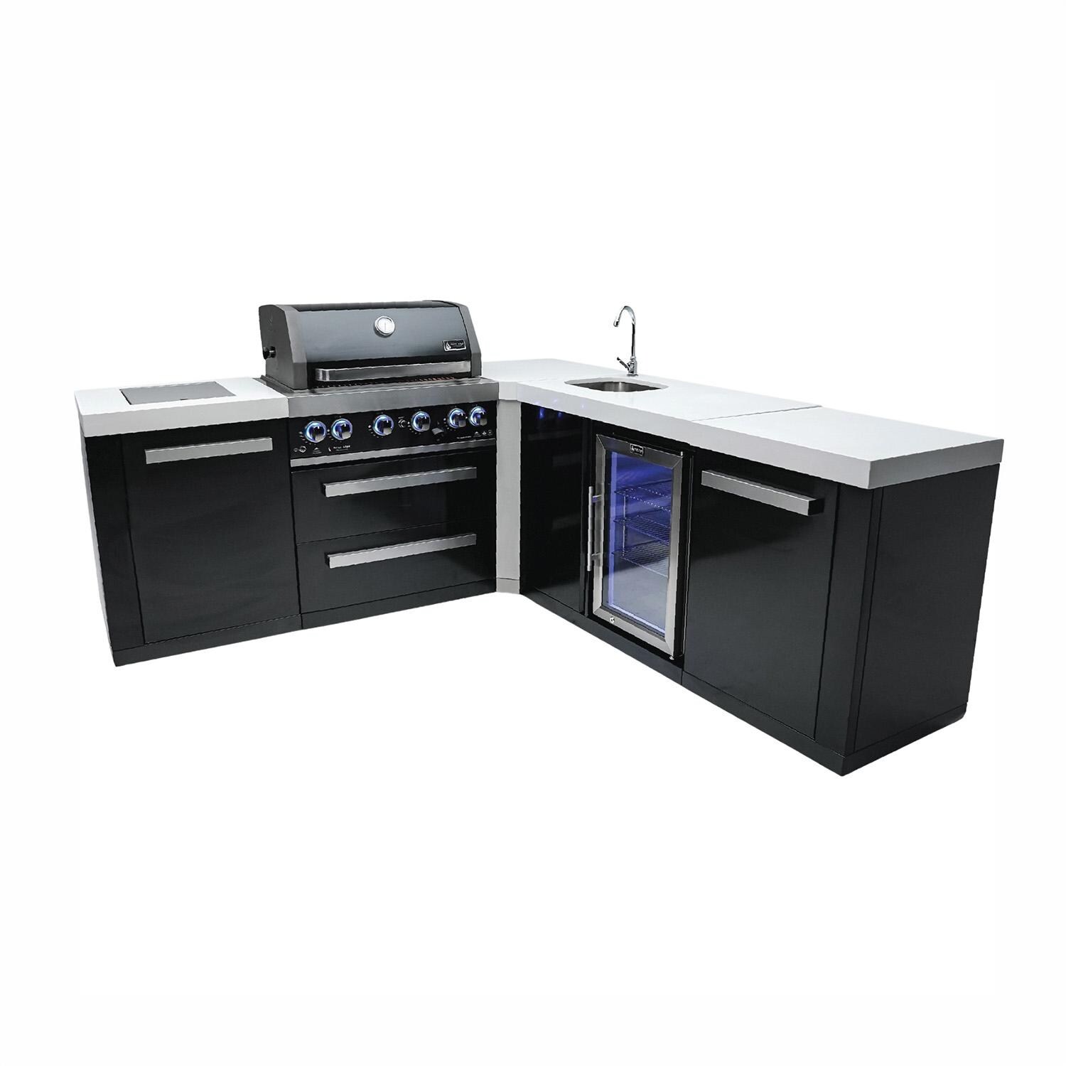 Mont Alpi MAi400-BSS90BEV Black Series 10 1/2 Ft L-Shaped Propane Outdoor Kitchen Island w/ Side Burner & Beverage Center - Island - White Background thumbnail